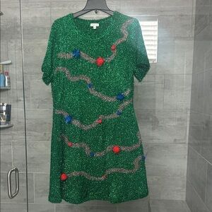 Glittery Green Holiday Shift Dress with Pom-Pom Accents
